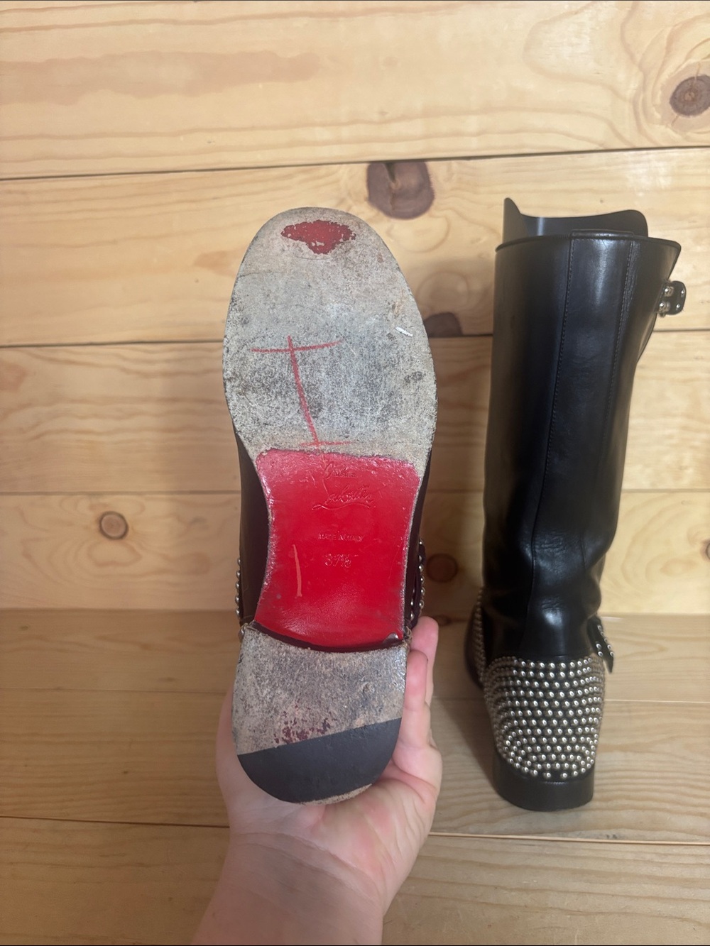 Christian Louboutin black leather studded moto boots 37 1/2 - Picture 13 of 16